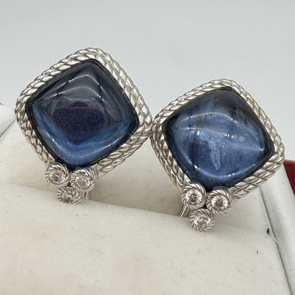 Vtg Judith Ripka‎ Blue Stone Diamonique Earrings Rope Bezel Square Rare Read